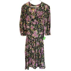 Jane Singer Petites Floral Wrap Dress 3/4 Sleeves Midi Length Black Purple Yello